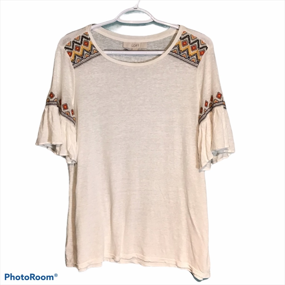 Loft Linen Blend Embroidered White Tee size M
